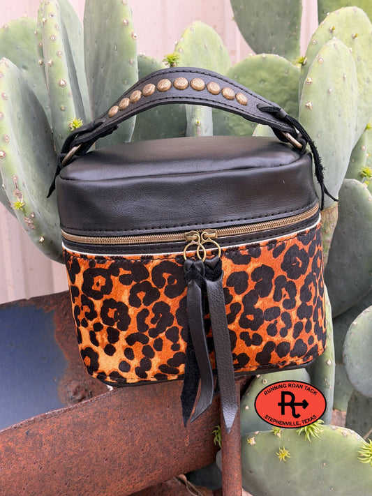 Train Case in Black Leather with Leopard Print Hair on Cowhide for Makeup, Toiletries, etc