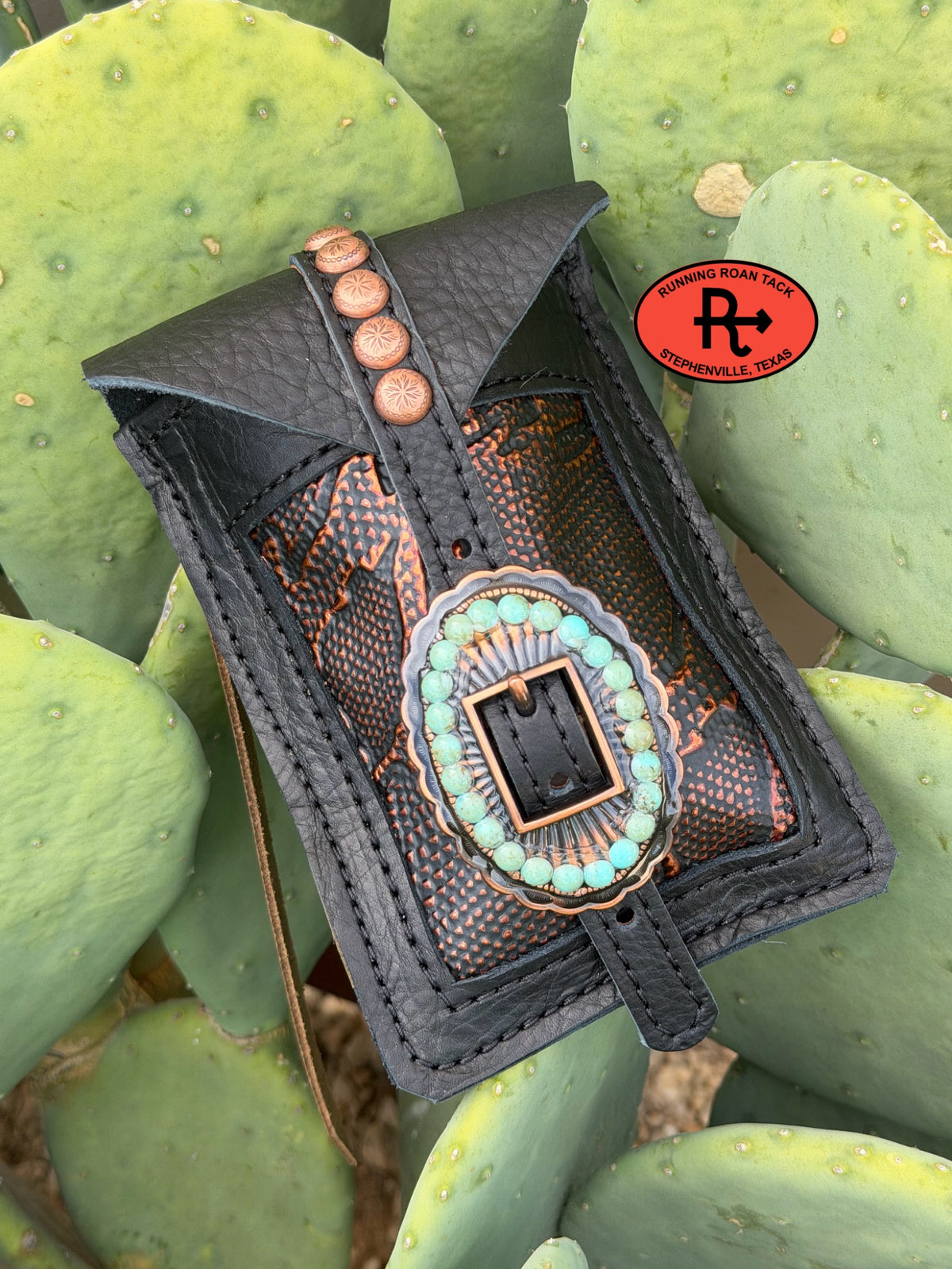 Black Leather Mini Saddle Bag with Black and Copper Snake Inlay and Turquoise Stone Buckle for Phone, Keys, Roping Powder, etc Minibag09072026-07