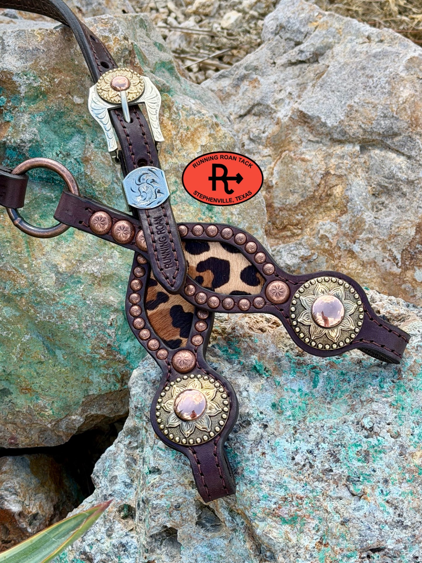 Single Ear Ring Headstall with Leopard Hair On Cowhide Inlay and Sunflower Hardware 31"-35" Headstall07062026-09