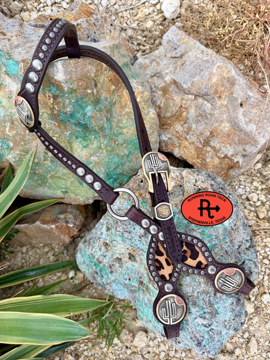 Single Ear Ring Headstall with Leopard Hair On Cowhide Inlay and Cactus Hardware 35"-39" Headstall07062026-08