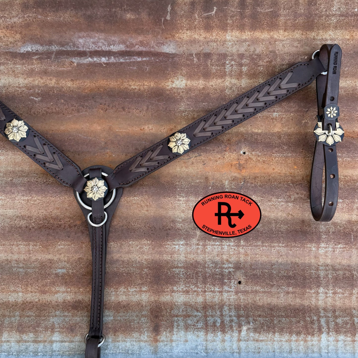 Chocolate Laced Breast Collar with German Silver Flower Hardware Breastcollar05042026-01