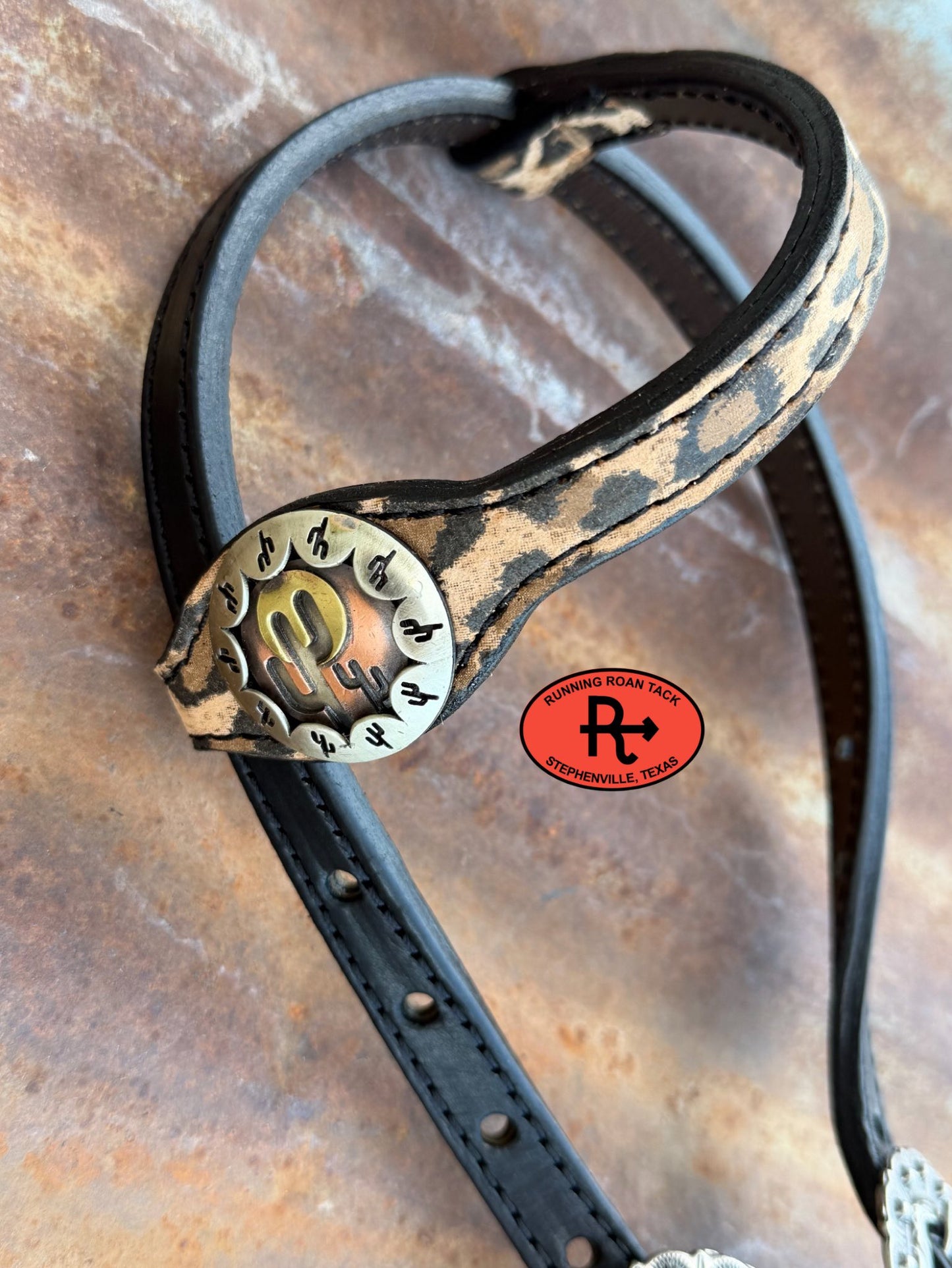 Black Leather Leopard Headstall with Black Quick Change Pineapple Knots and German Silver Hardware 29"-37" Headstall05042026-08