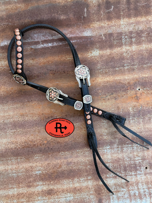 Black Leather Headstall with Black Quick Change Pineapple Knots and German Silver Hardware 29"-37" Headstall05042026-07