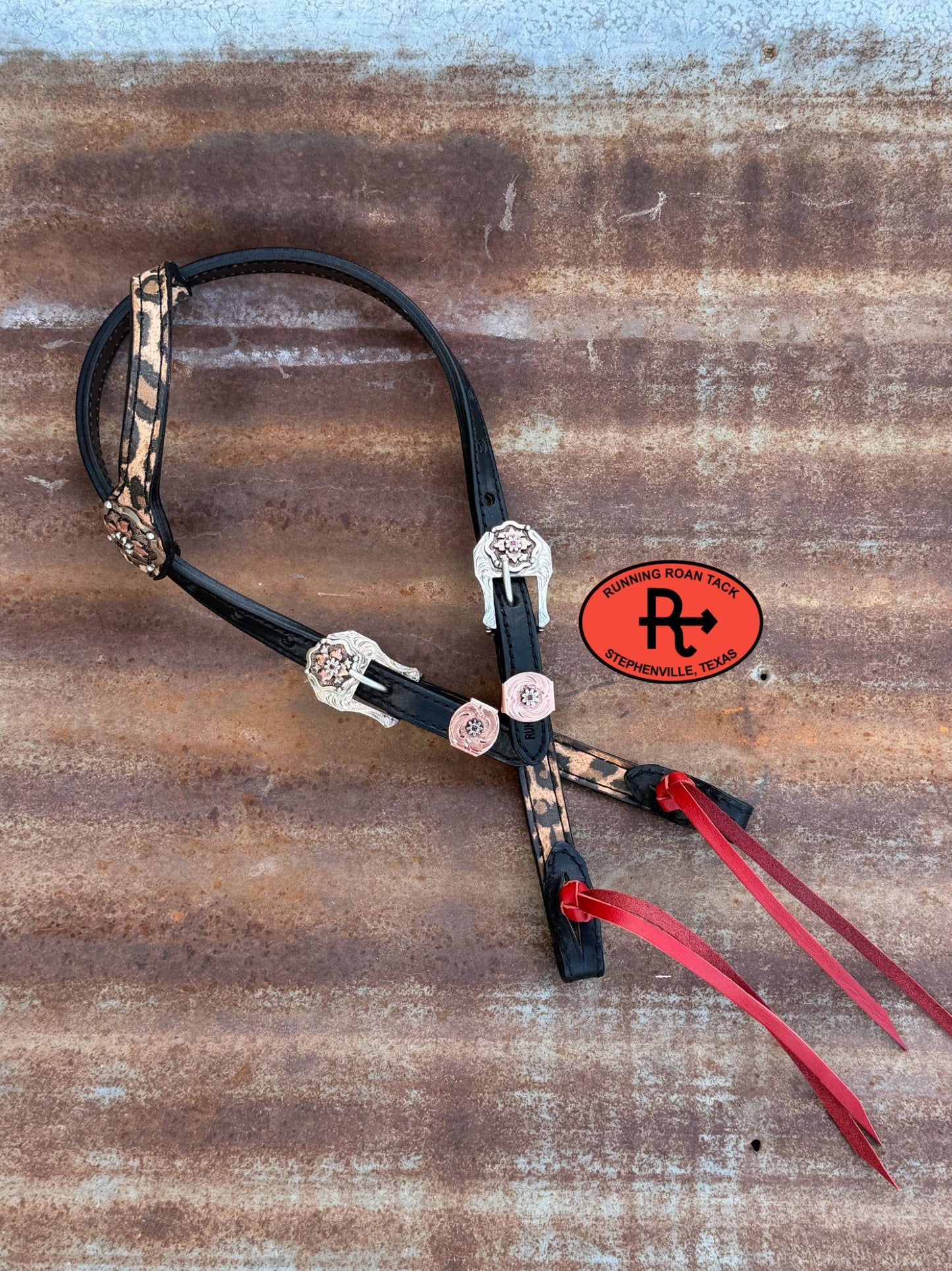 Black Leather Leopard Tack Set with Red Accents and German Silver Hardware *Buy one piece or both pieces*  29"-37" Tackset06012026