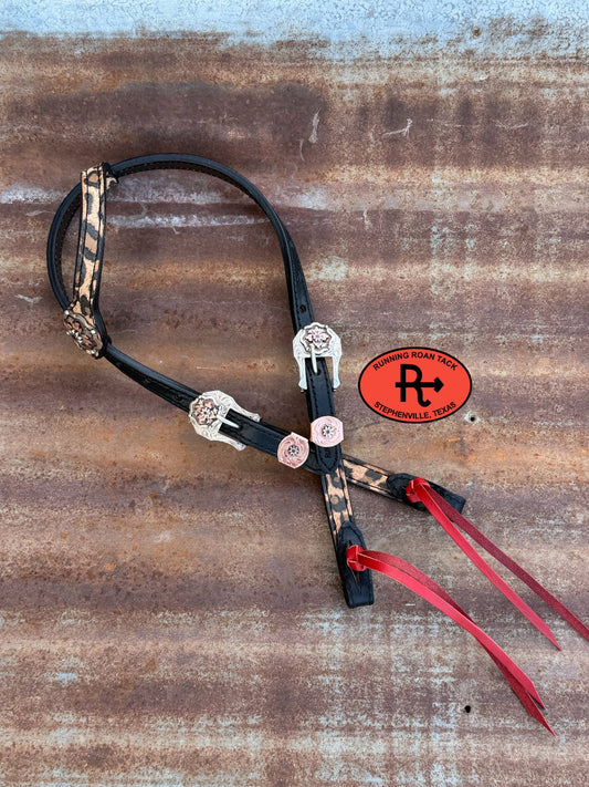 Black Leather Leopard Headstall with Red Quick Change Pineapple Knots and German Silver Hardware with Ruby Crystals 29"-37" Headstall05042026-04