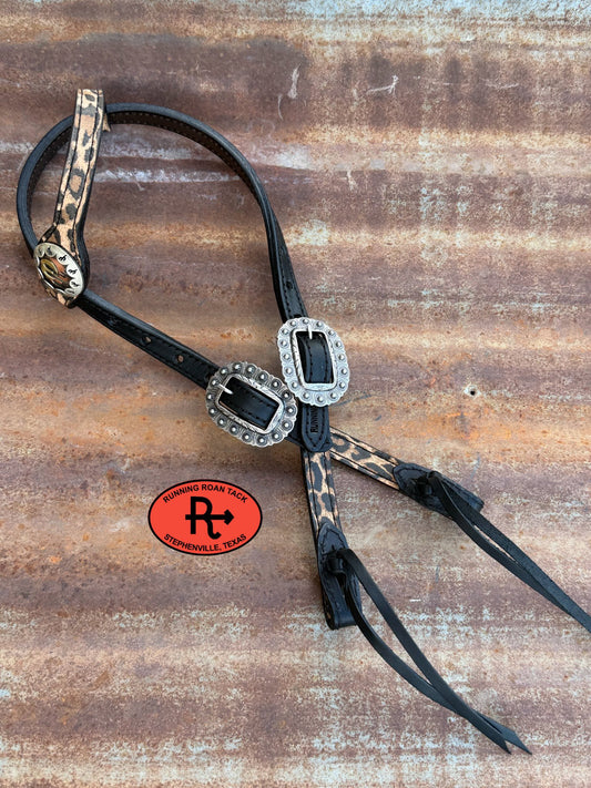 Black Leather Leopard Headstall with Black Quick Change Pineapple Knots and German Silver Hardware 29"-37" Headstall05042026-08