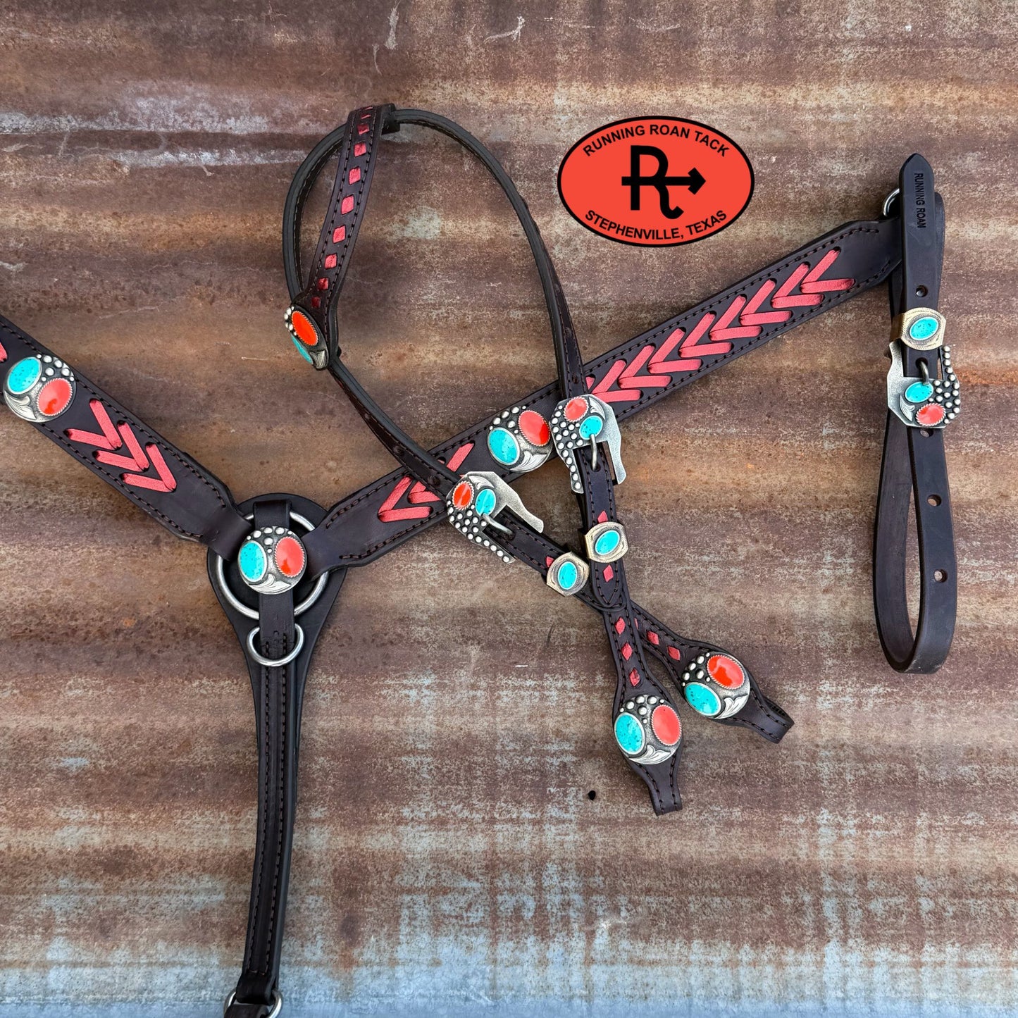 Metallic Scarlet Laced Tack Set with German Silver Trading Post Hardware *Buy one piece or both pieces* Set05042026-04