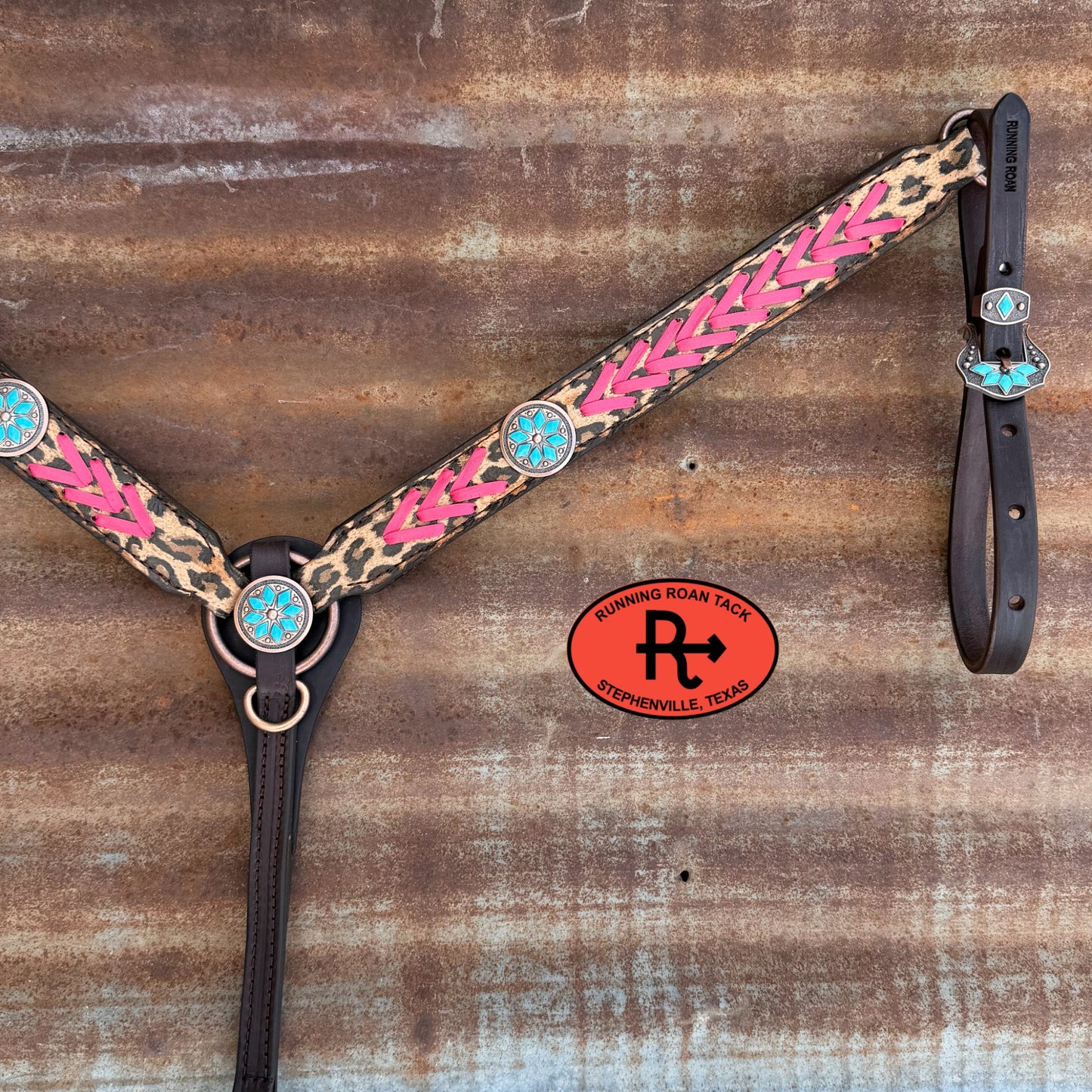 Leopard Breast Collar with Pink Lacing and Cactus Flower Hardware Breastcollar05042026-03