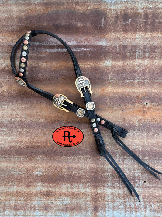 Black Leather Headstall with Black Quick Change Pineapple Knots and German Silver Hardware 29"-37" Headstall05042026-05