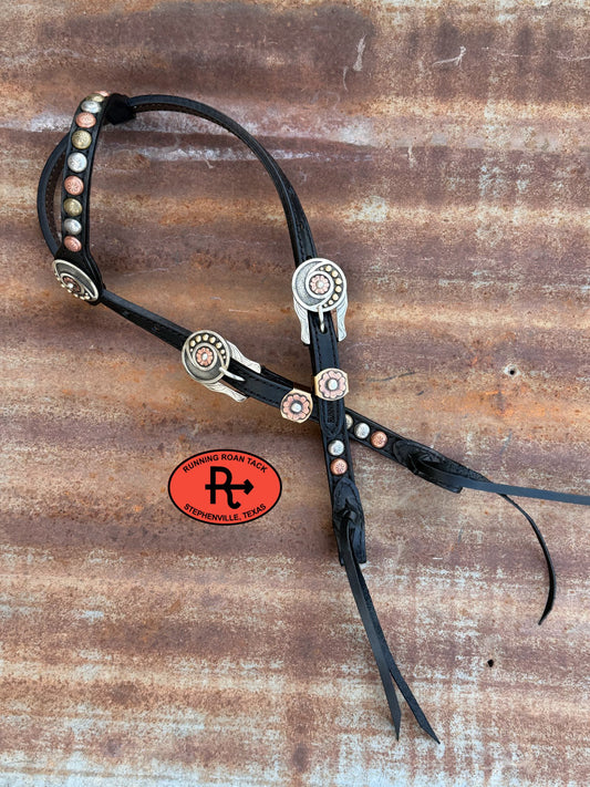 Black Leather Headstall with Black Quick Change Pineapple Knots and German Silver Hardware 29"-37" Headstall05042026-06