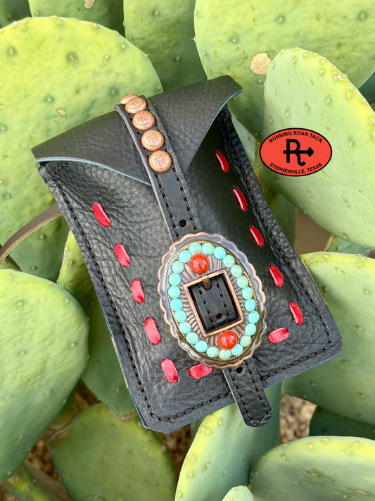 Black Leather Mini Saddle Bag with Red Pop Stitch and Turquoise and Coral Stone Buckle for Phone, Keys, Roping Powder, etc Minibag09072026-15