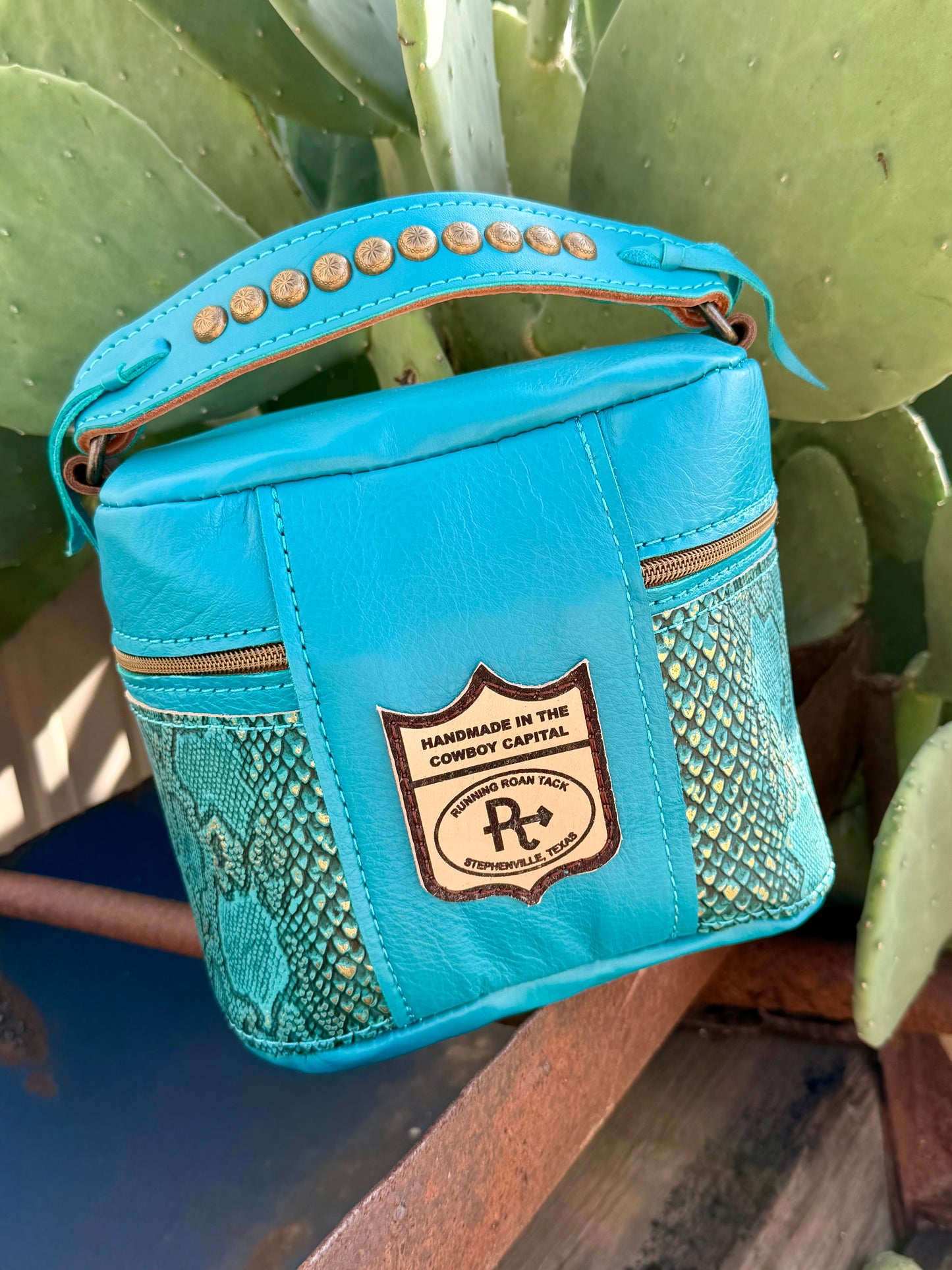 Turquoise Leather with Turquoise Snake Train Case for Makeup, Toiletries, etc traincase07062026-25