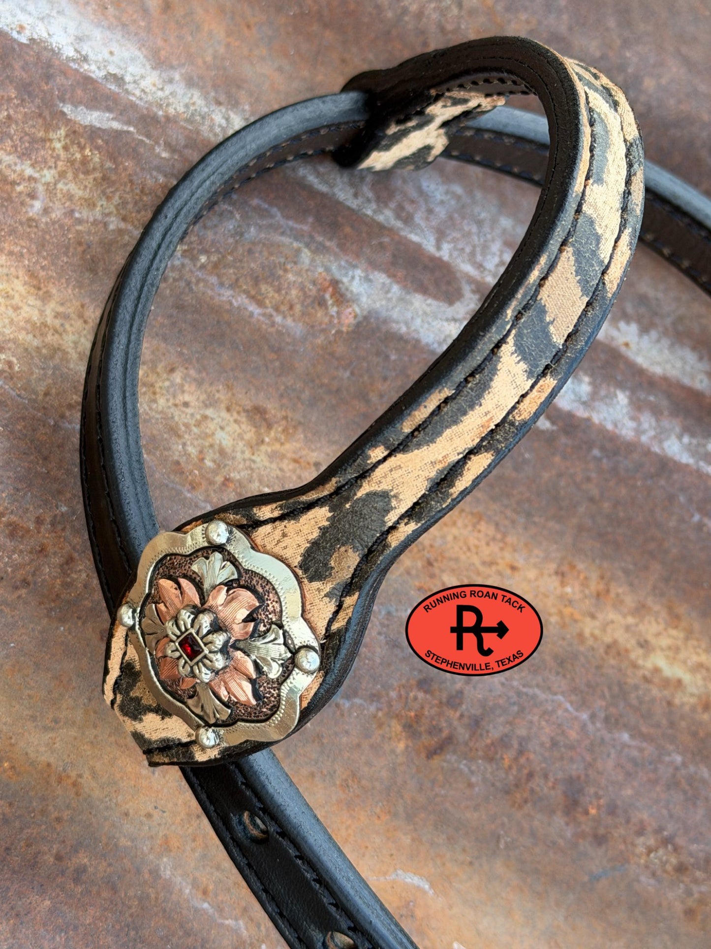 Black Leather Leopard Tack Set with Red Accents and German Silver Hardware *Buy one piece or both pieces*  29"-37" Tackset06012026