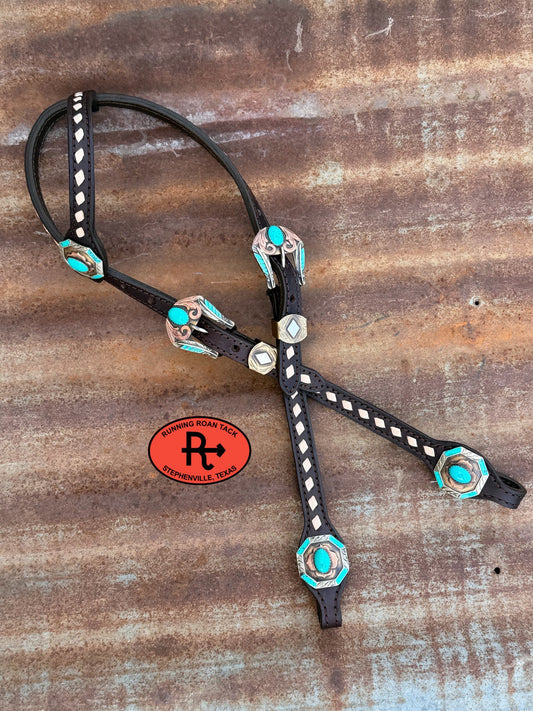 White Buckstitch Headstall with Single Ear and German Silver Hardware 36"-43" Headstall05042026-03