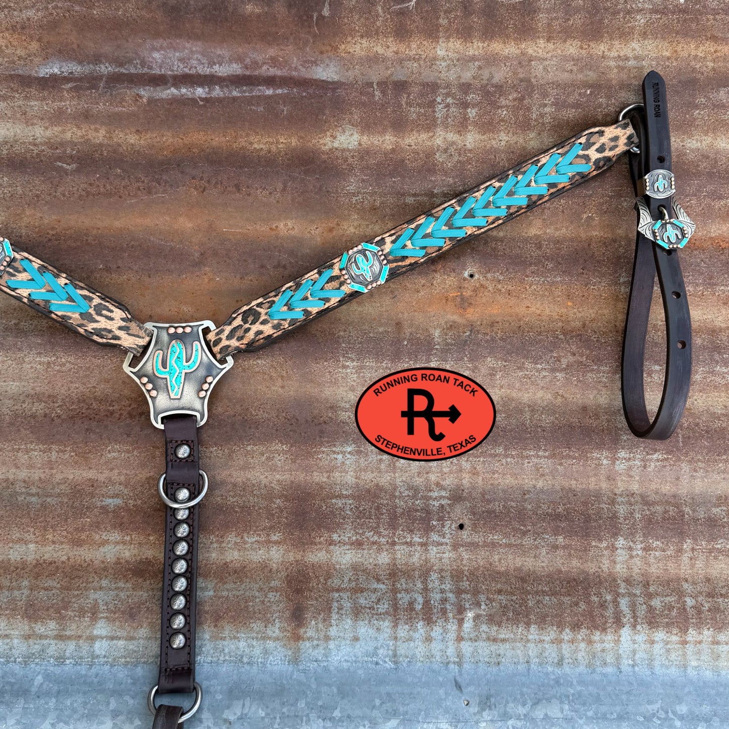 Leopard Breast Collar with Turquoise Lacing and German Silver Cactus Hardware Breastcollar05042026-08