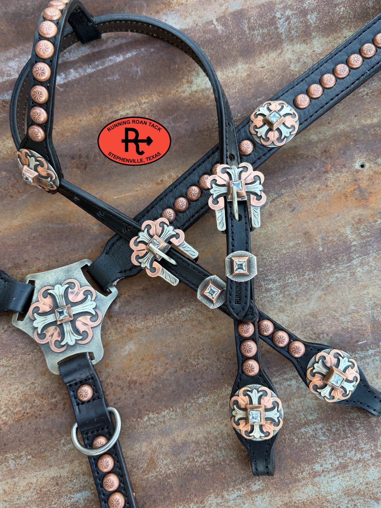 Black Leather Tack Set with German Silver Hardware with Crystals *Buy one piece or both pieces* Set05042026-01