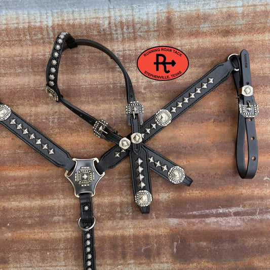 Black Leather Edgy Pyramid Spot Tack Set with German Hardware *Buy one piece or both pieces* Set05042026-08