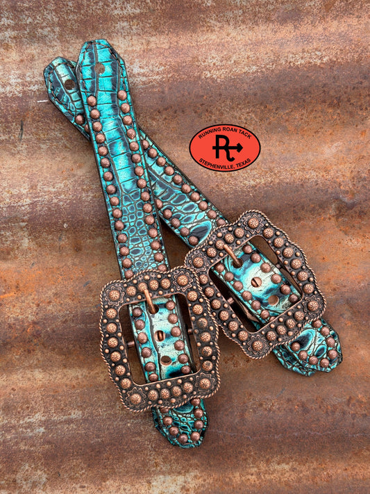 Turquoise Croc Belt Style Spur Straps with Copper Buckles spurstraps09072026-05