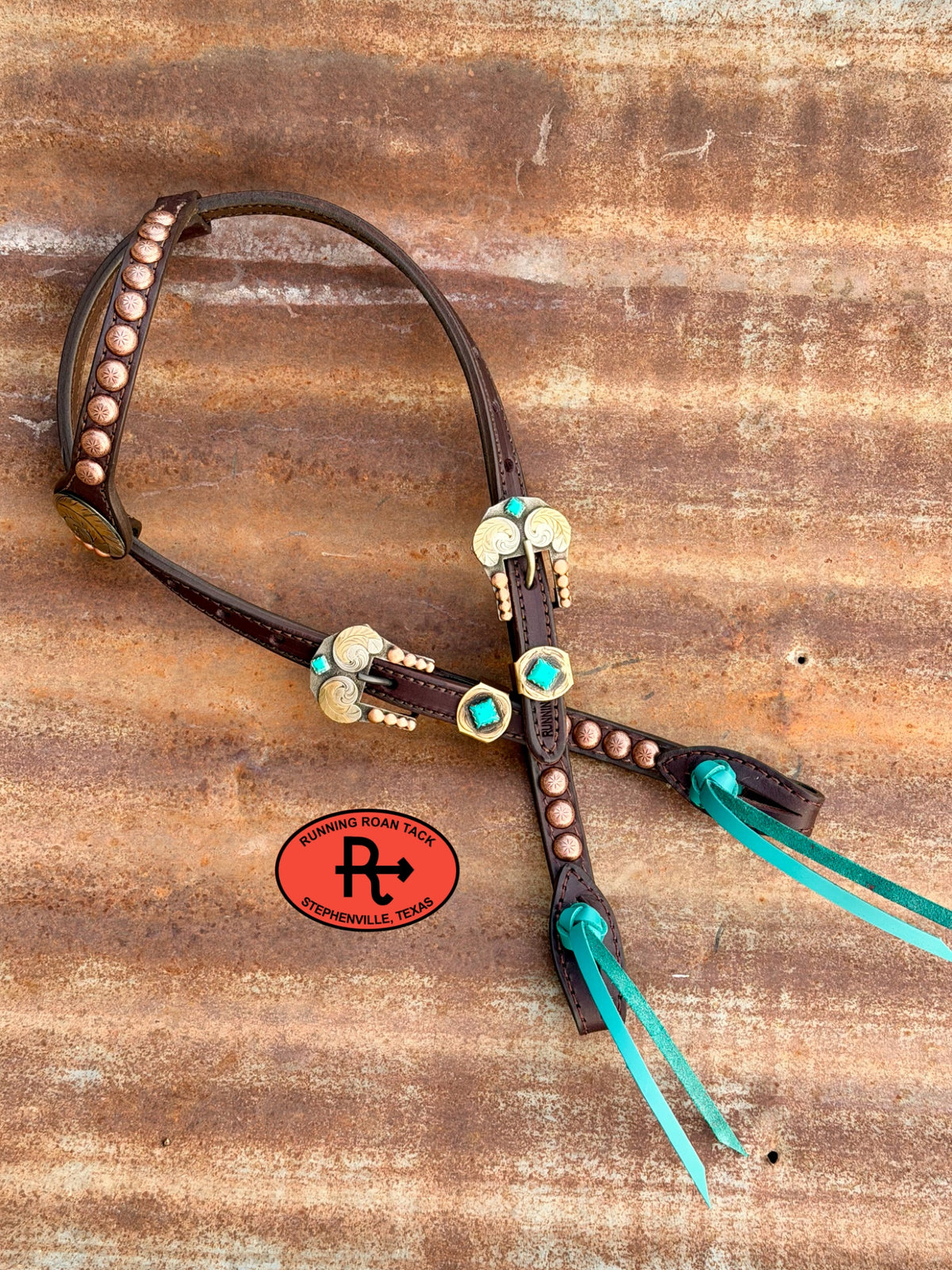 Chocolate Short Cheek Single Ear Headstall with Turquoise Quick Change Pineapple Knots and German Silver Feather Hardware 29”-37” Headstall10052026-17