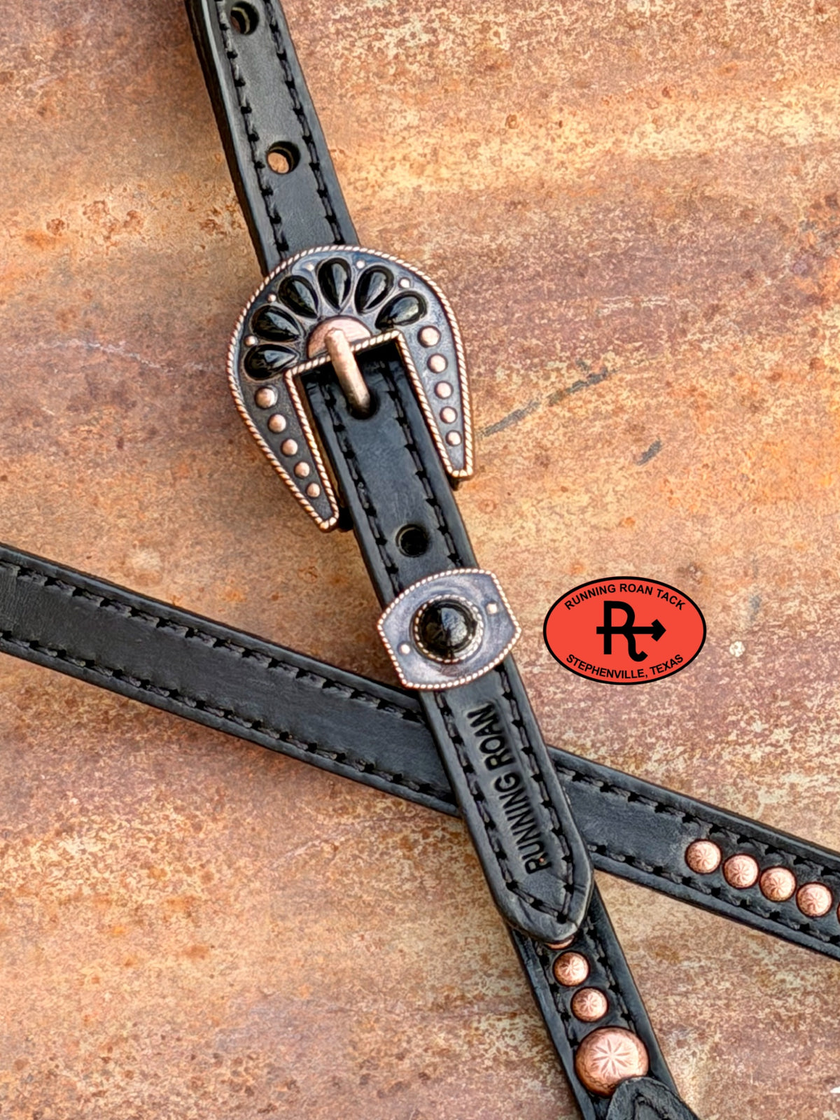 Black Single Ear Single Buckle Headstall with Quick Change Pineapple Knots and Black Cabochon Hardware 38”-43” Headstall10052026-21