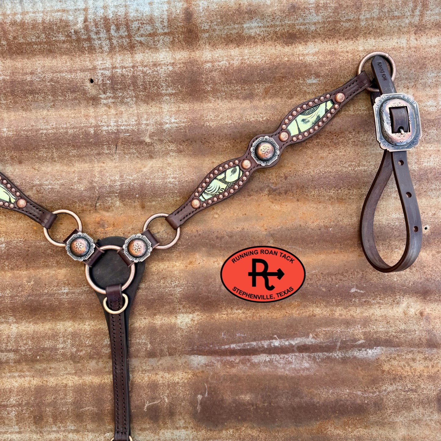 Ring Breast Collar with Inlaid Mint Rose Embossed Leather and Copper Conchos Breastcollar07062026-09