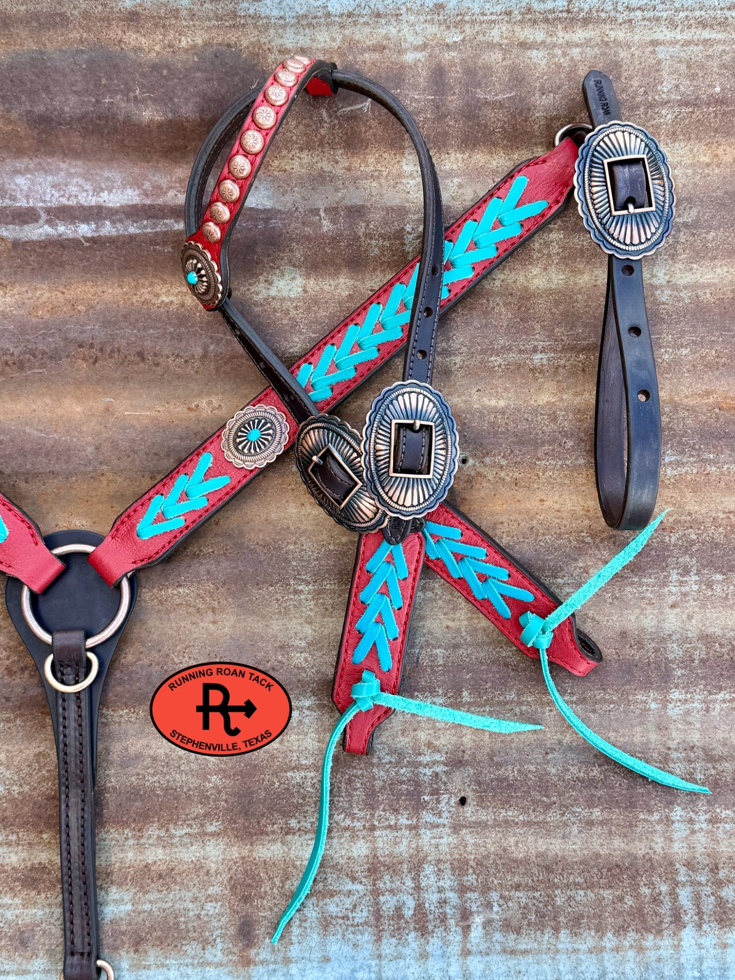 Red Tack Set with Turquoise Lacing and Southwest Hardware *Buy one piece or both pieces* 
Set09072026-01