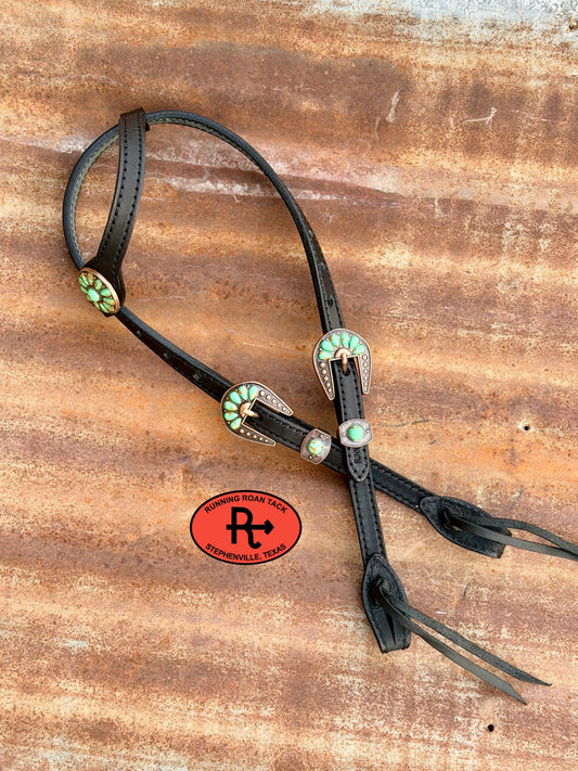 Black Short Cheek Single Ear Headstall with Quick Change Pineapple Knots and Minty Green Cabochon Hardware 29”-37” Headstall10052026-16