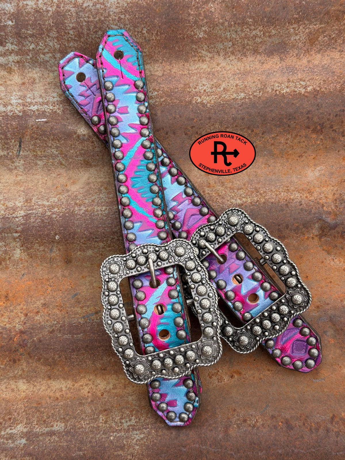 Colorful Aztec Belt Style Spur Straps with Antique Silver Buckles spurstraps09072026-02