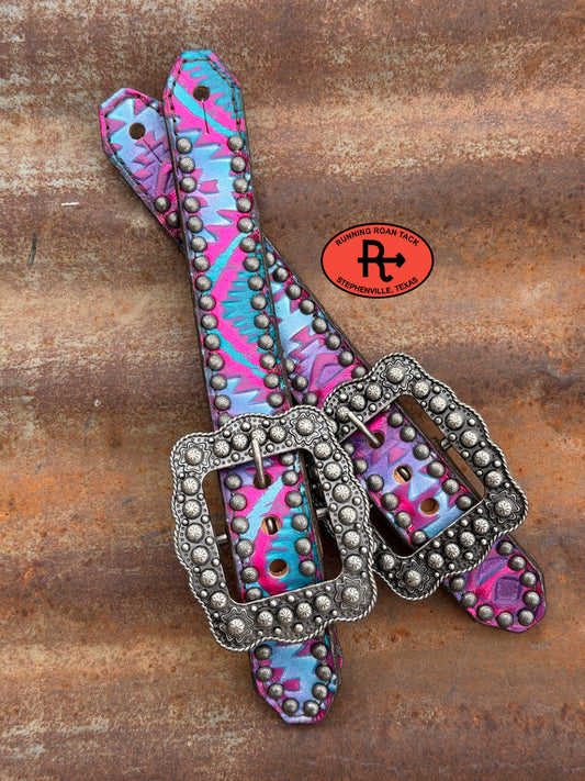 Colorful Aztec Belt Style Spur Straps with Antique Silver Buckles spurstraps09072026-02