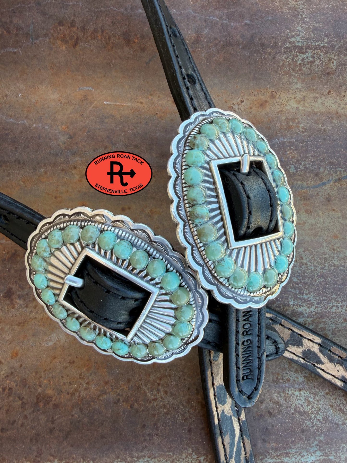 Black Leather Leopard Headstall with Black Quick Change Pineapple Knots and Faux Turquoise Hardware 36"-43" Headstall06012026-03