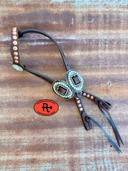 Chocolate Leather Headstall with Quick Change Pineapple Knots and Faux Turquoise Hardware 29"-37" Headstall06012026-01