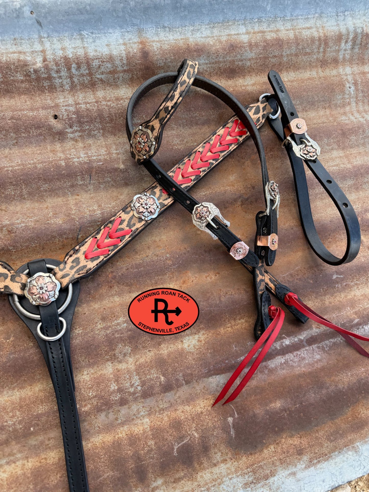 Black Leather Leopard Tack Set with Red Accents and German Silver Hardware *Buy one piece or both pieces*  29"-37" Tackset06012026