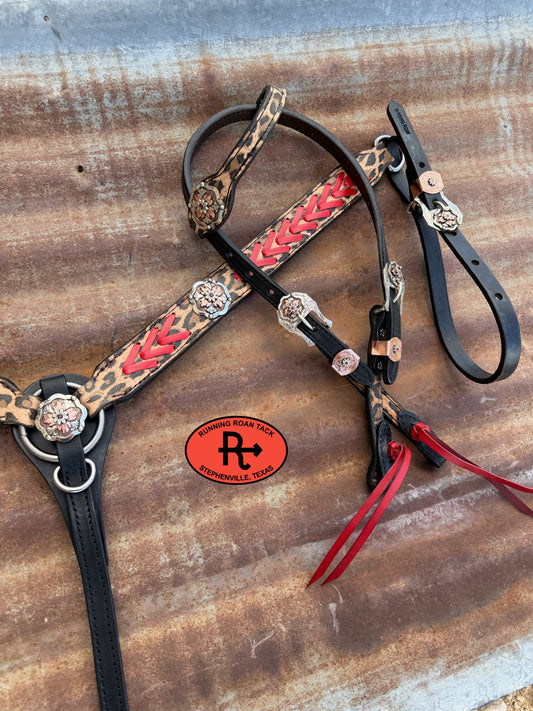 Black Leather Leopard Tack Set with Red Accents and German Silver Hardware *Buy one piece or both pieces*  29"-37" Tackset06012026