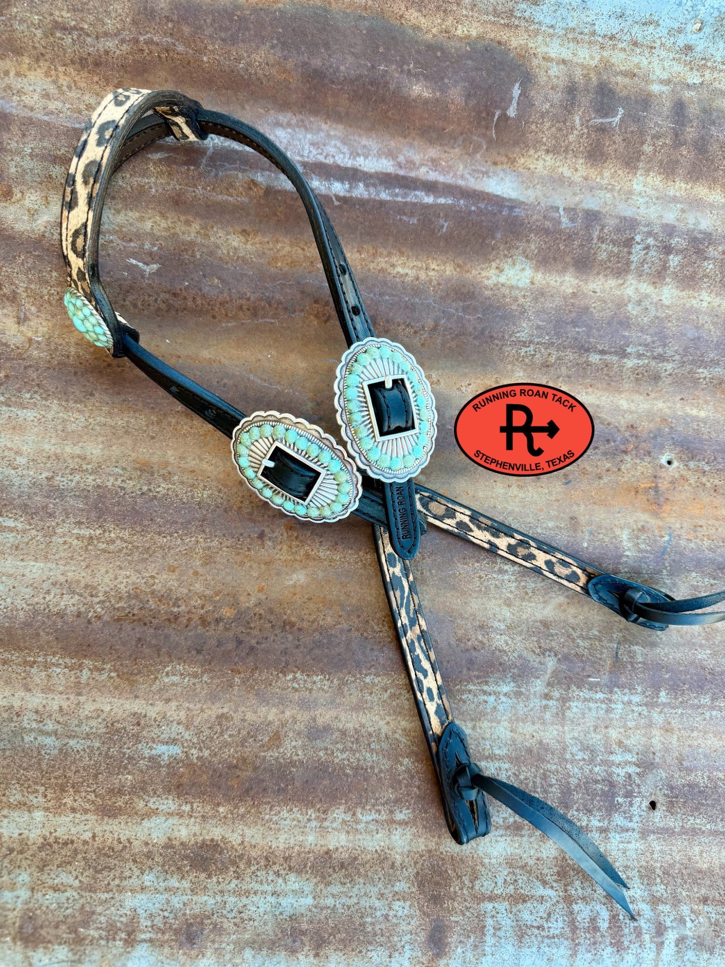 Black Leather Leopard Headstall with Black Quick Change Pineapple Knots and Faux Turquoise Hardware 36"-43" Headstall06012026-03