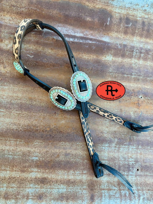 Black Leather Leopard Headstall with Black Quick Change Pineapple Knots and Faux Turquoise Hardware 36"-43" Headstall06012026-03