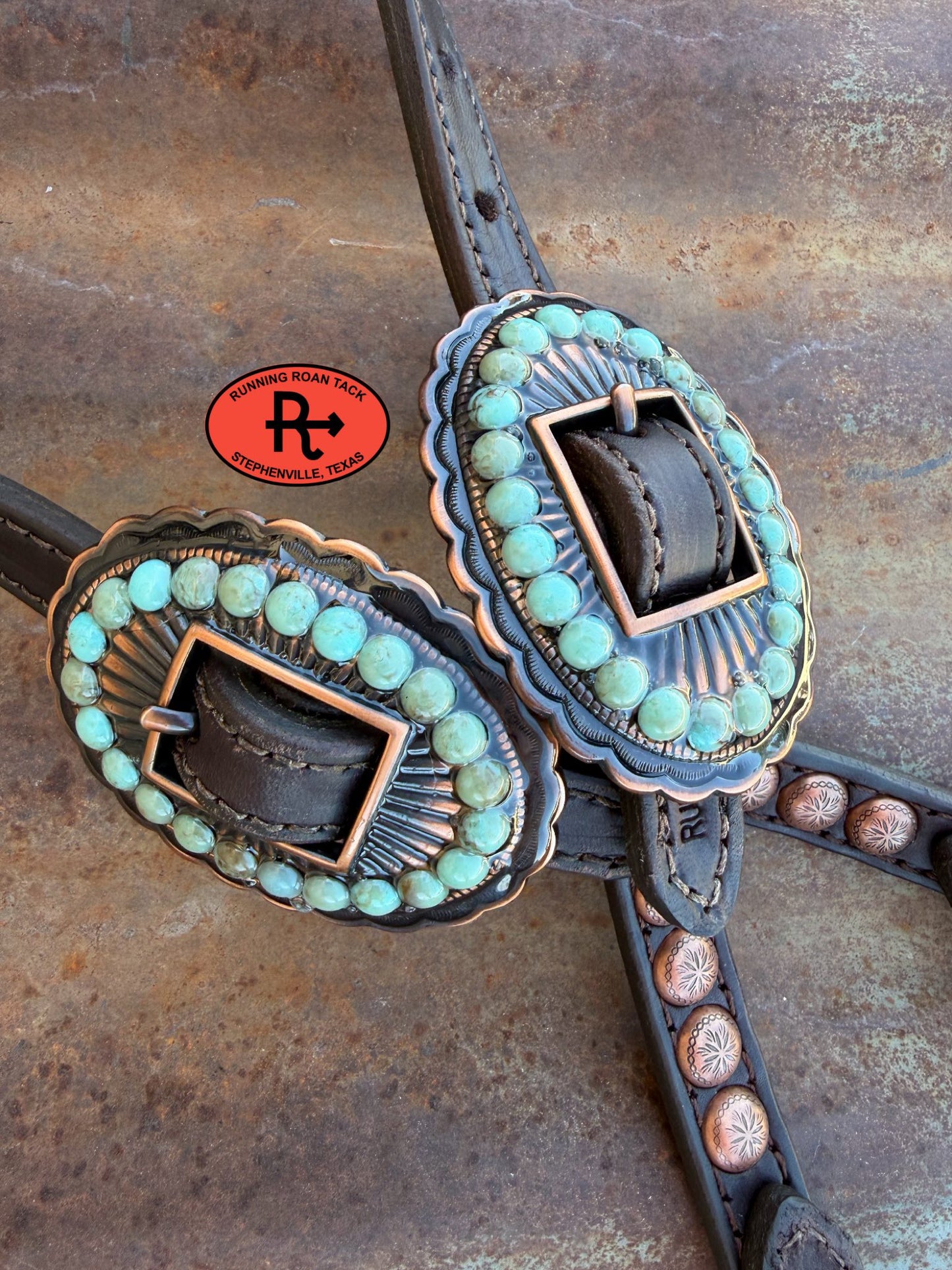Chocolate Leather Headstall with Quick Change Pineapple Knots and Faux Turquoise Hardware 29"-37" Headstall06012026-01