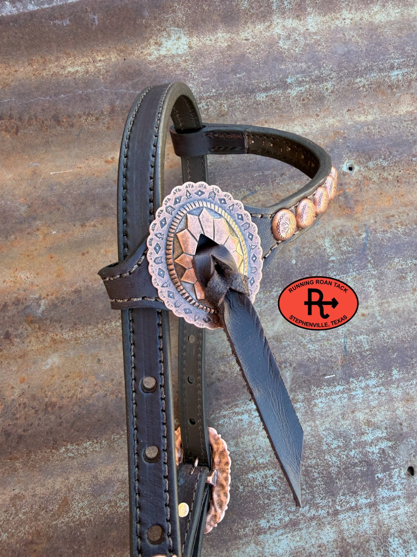 Chocolate Leather Headstall with Quick Change Pineapple Knots and Slotted Concho 36"-43" Headstall06012026-09