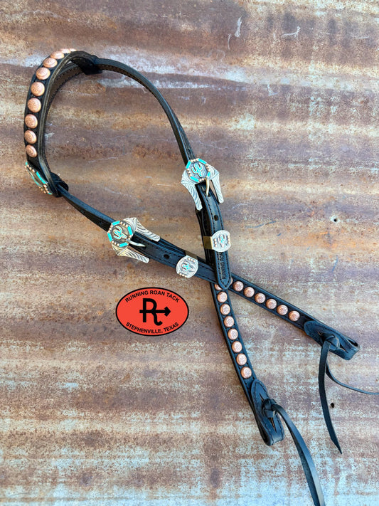 Black Leather Headstall with Black Quick Change Pineapple Knots and German Silver Turquoise Cactus Hardware 36"-43" Headstall06012026-04