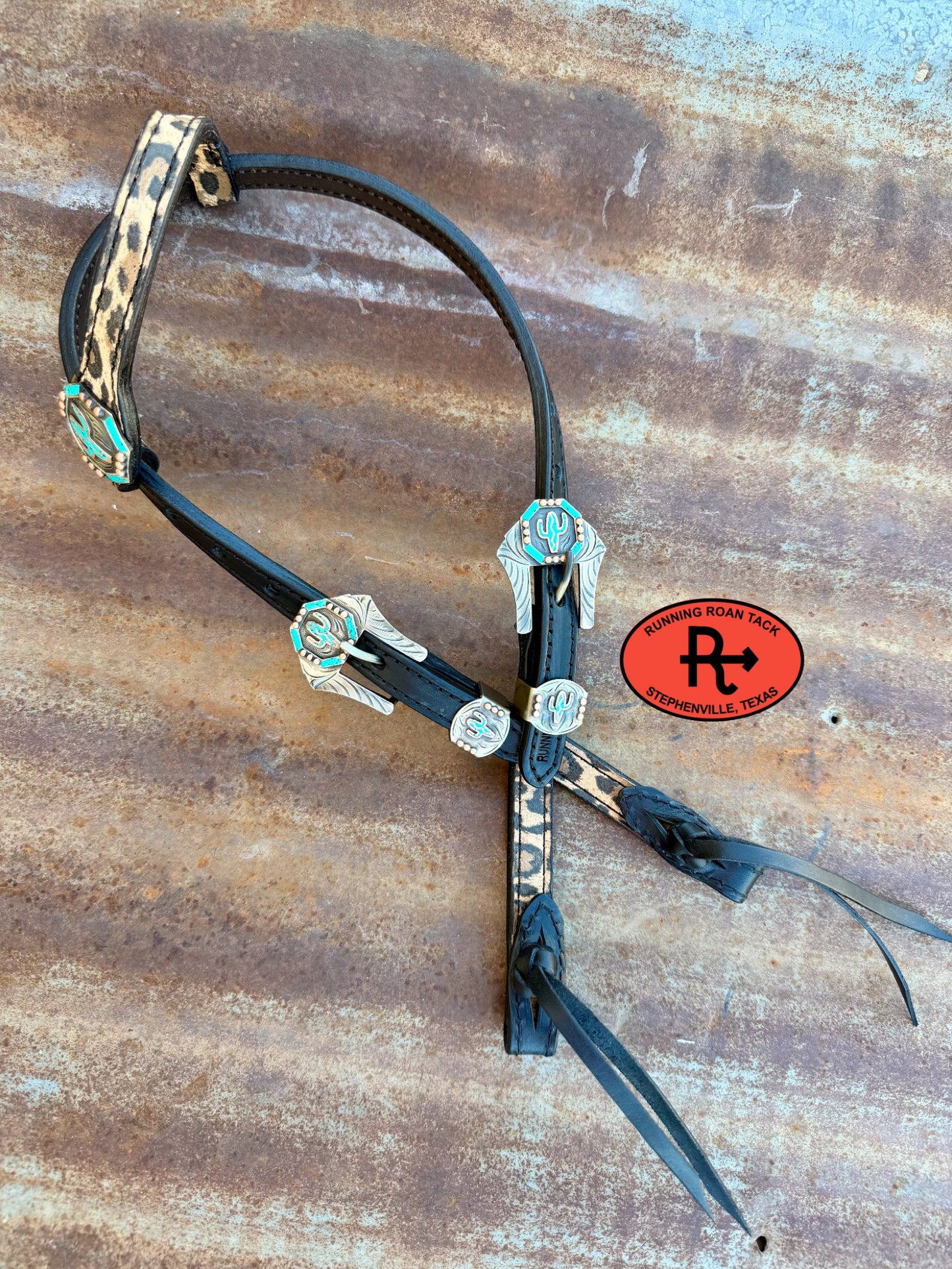 Black Leather Leopard Headstall with Black Quick Change Pineapple Knots and German Silver Turquoise Cactus Hardware 29"-37" Headstall06012026-05