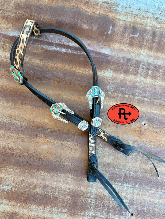 Black Leather Leopard Headstall with Black Quick Change Pineapple Knots and German Silver Turquoise Cactus Hardware 29"-37" Headstall06012026-05