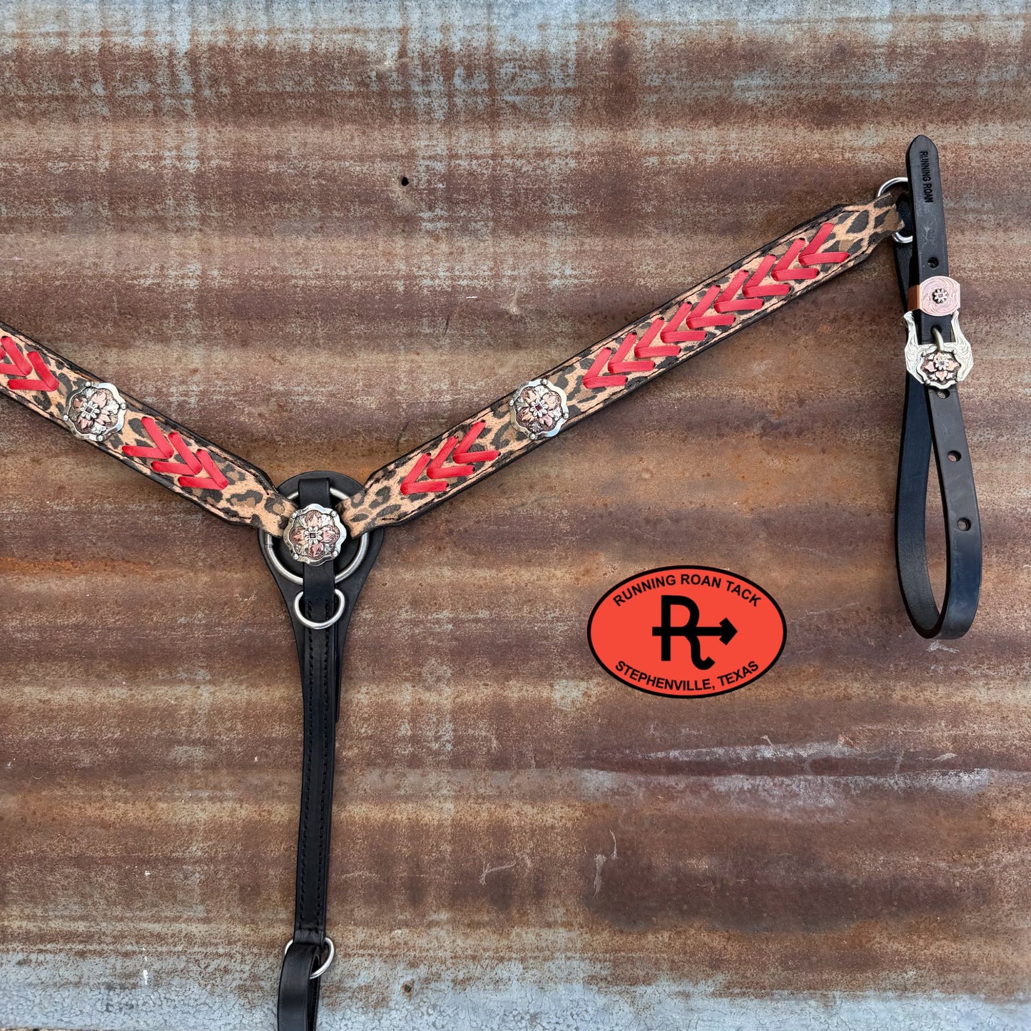 Black Leather Leopard Tack Set with Red Accents and German Silver Hardware *Buy one piece or both pieces*  29"-37" Tackset06012026