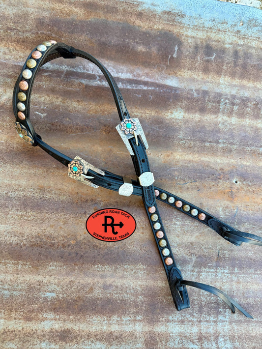 Black Leather Headstall with Black Quick Change Pineapple Knots and German Silver Hardware 36"-43" Headstall06012026-07