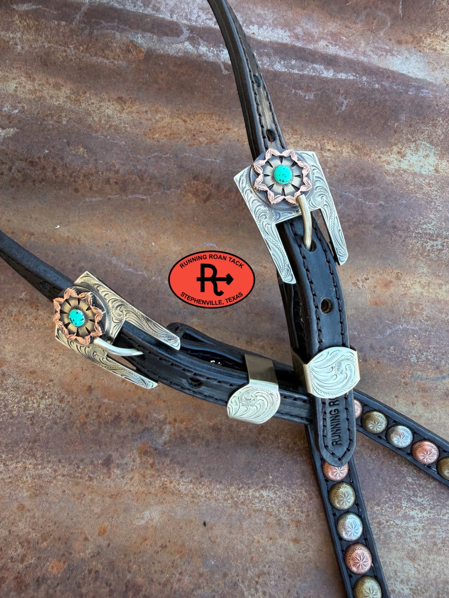 Black Leather Headstall with Black Quick Change Pineapple Knots and German Silver Hardware 36"-43" Headstall06012026-07