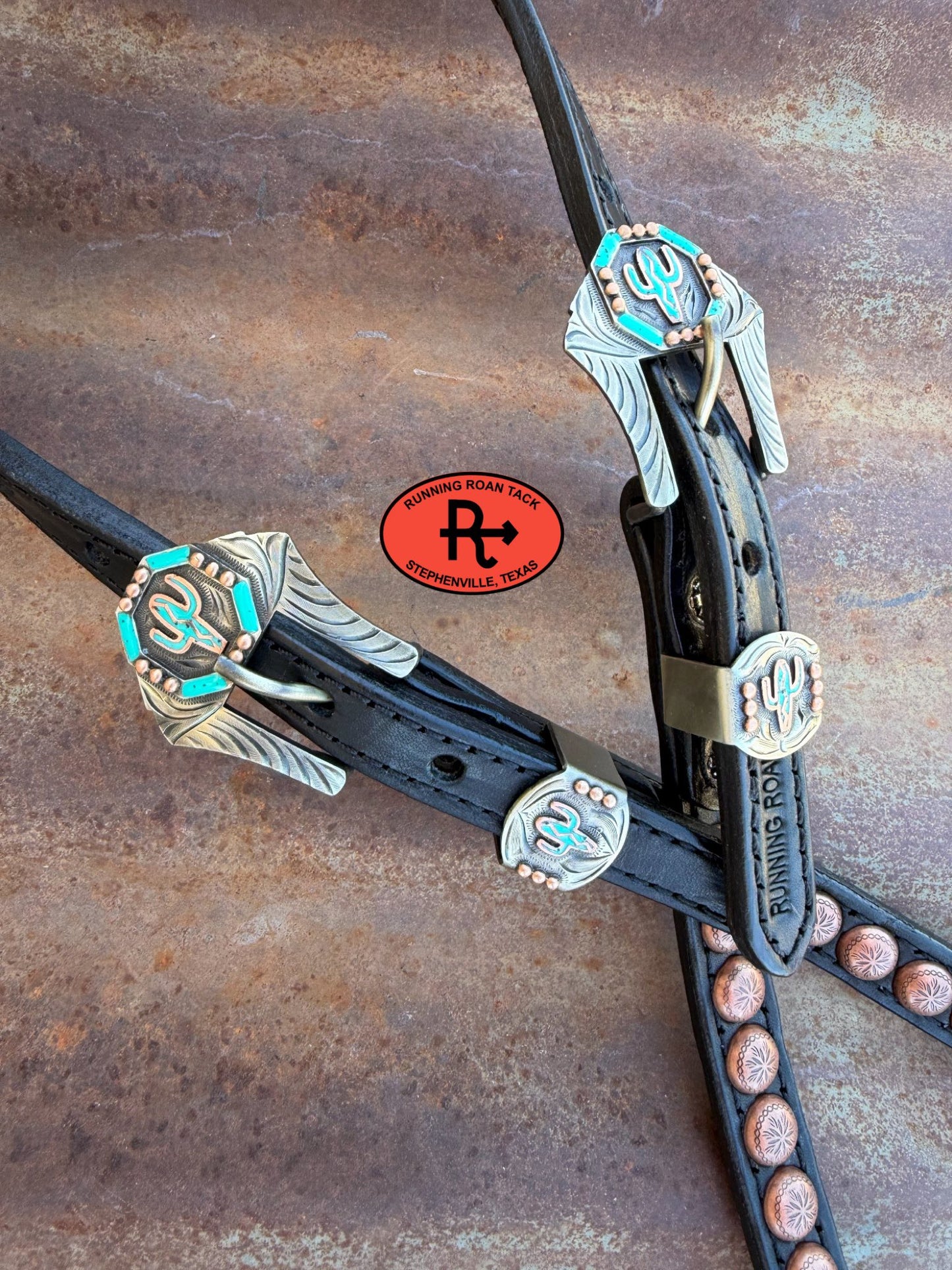 Black Leather Headstall with Black Quick Change Pineapple Knots and German Silver Turquoise Cactus Hardware 36"-43" Headstall06012026-04