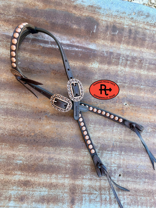 Chocolate Leather Headstall with Quick Change Pineapple Knots and Slotted Concho 36"-43" Headstall06012026-09