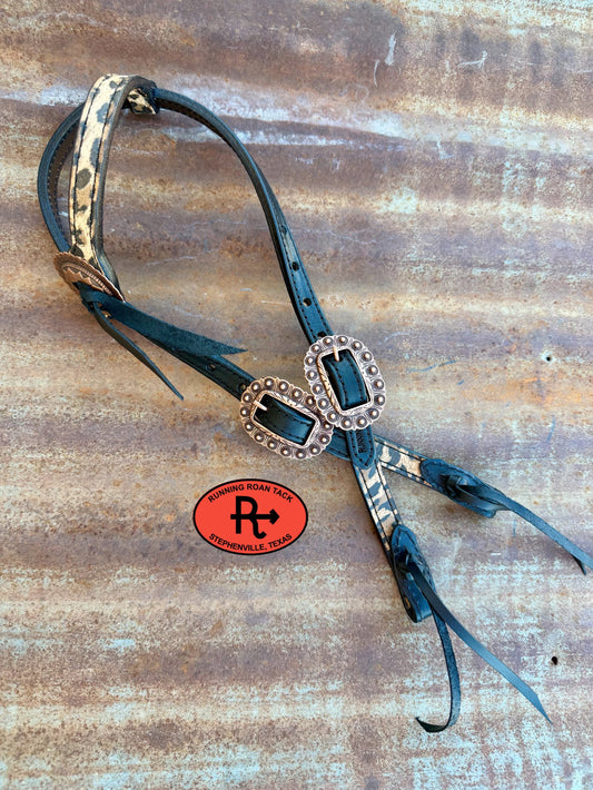 Black Leather Leopard Headstall with Black Quick Change Pineapple Knots and Slotted Concho 29"-37" Headstall06012026-08