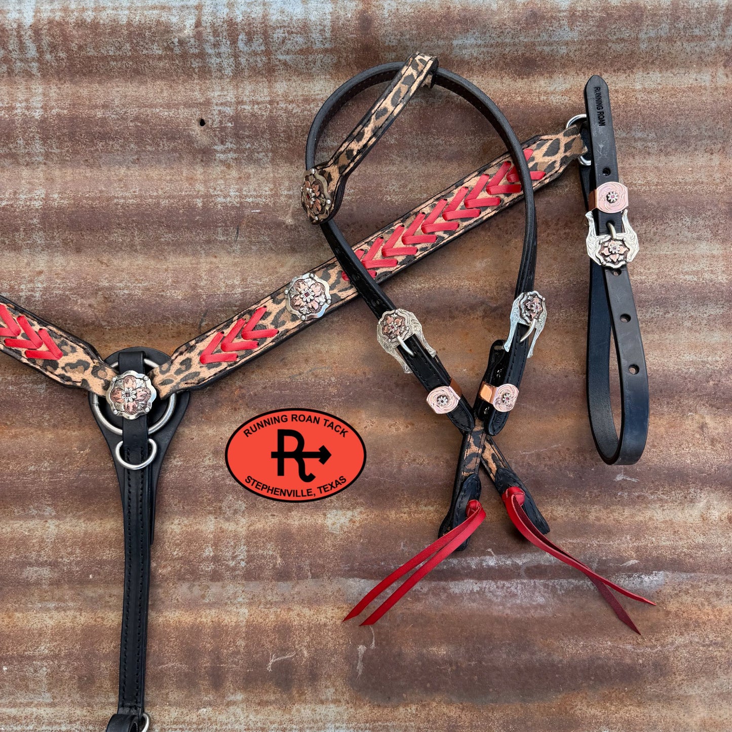 Black Leather Leopard Tack Set with Red Accents and German Silver Hardware *Buy one piece or both pieces*  29"-37" Tackset06012026