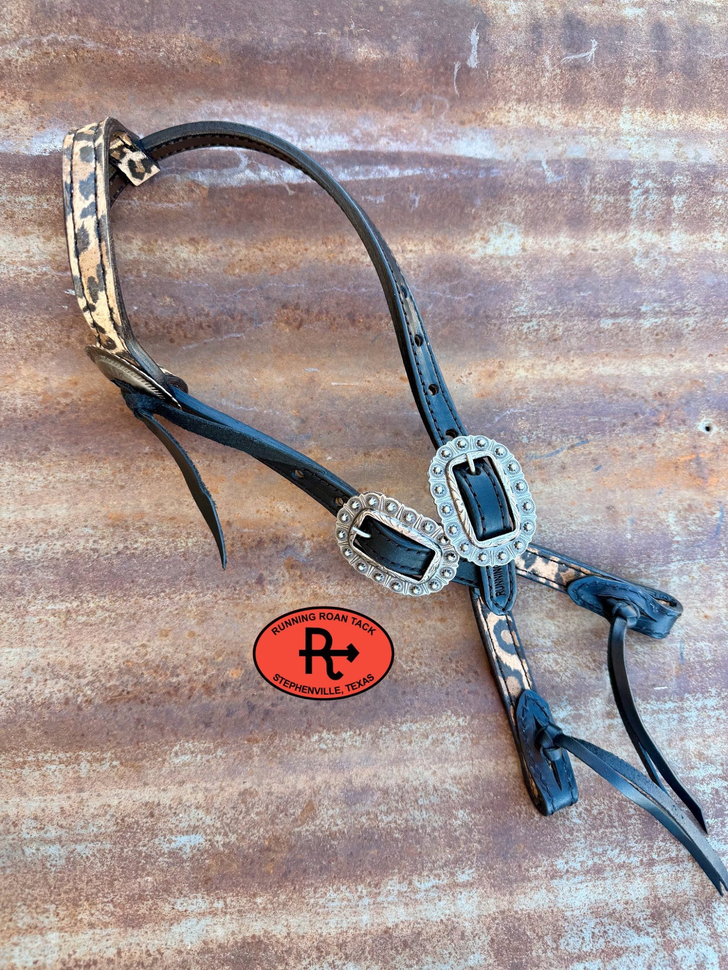Black Leather Leopard Headstall with Black Quick Change Pineapple Knots and Slotted Concho 29"-37" Headstall06012026-06