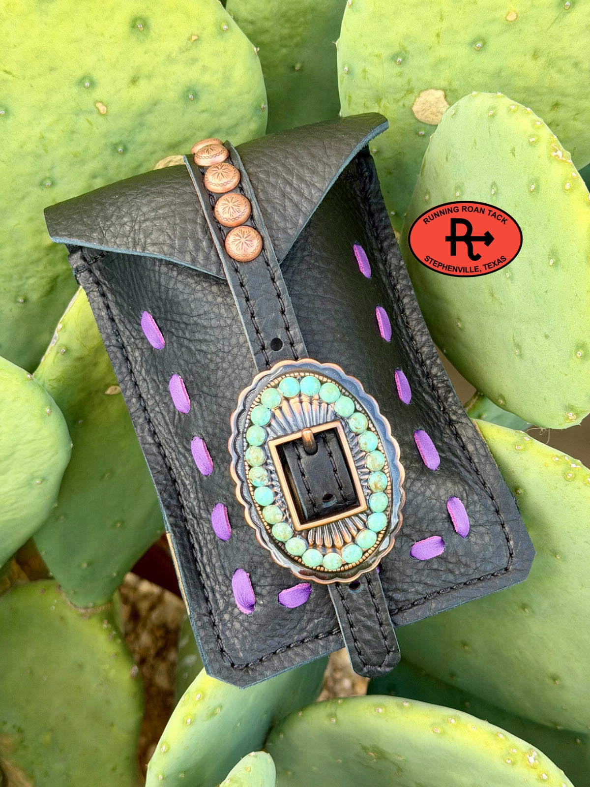 Black Leather Mini Saddle Bag with Purple Pop Stitch and Turquoise Stone Buckle for Phone, Keys, Roping Powder, etc Minibag09072026-16