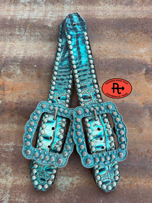 Turquoise Croc Belt Style Spur Straps with Copper Patina Buckles spurstraps08032026-01
